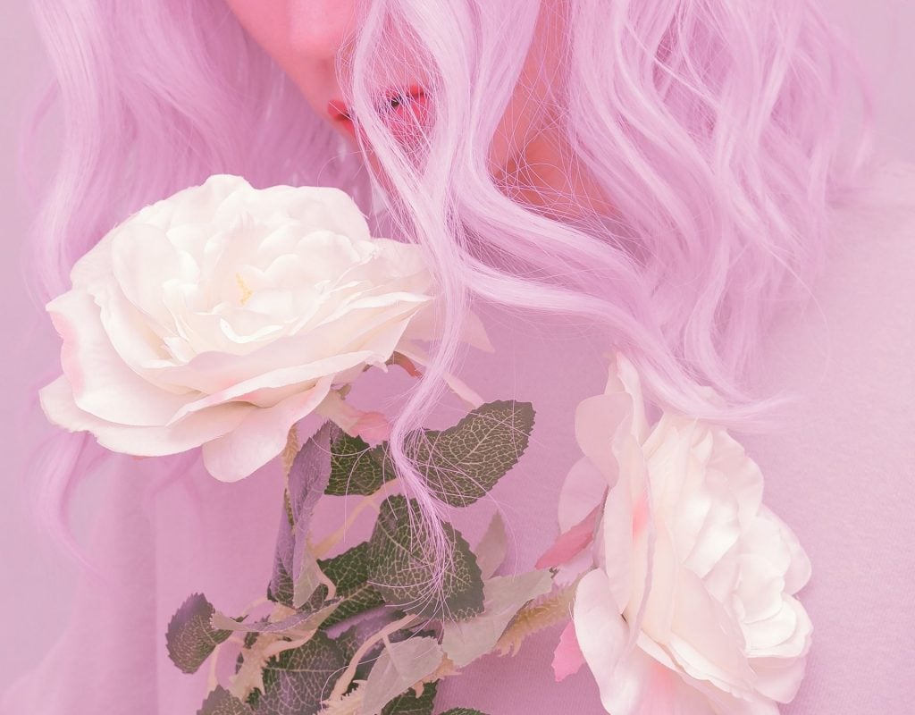 pastell hair, rose, lila haare, frau, locken