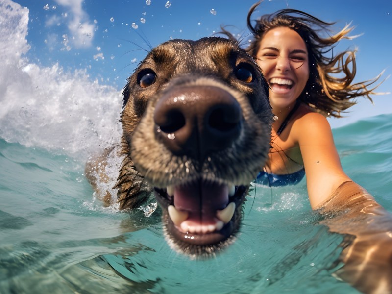 Frau schwimmt im See mit Hund.