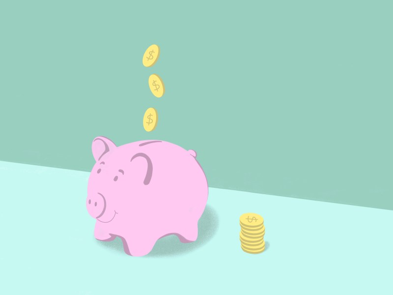 Handgefertigte Illustration eines Sparschweins mit drei fallenden Goldmünzen.
