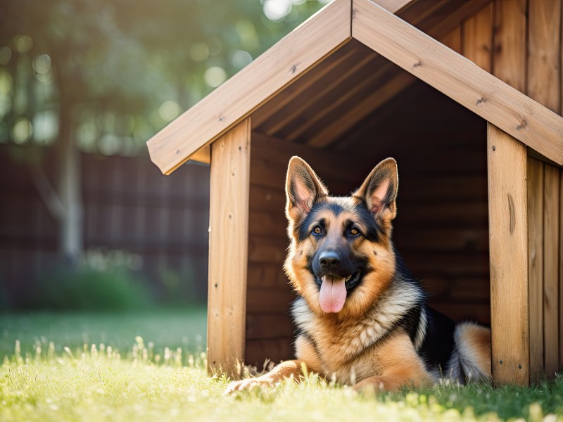 Hund liegt in Hundehütte