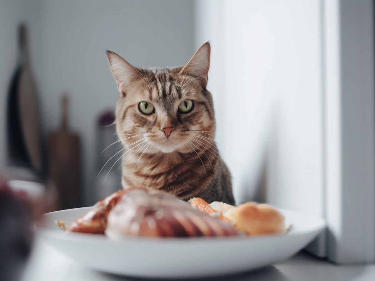 Katze sitzt vor einem Teller mit Fleisch