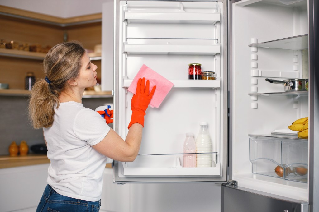 Frau putzt Kühlschrank