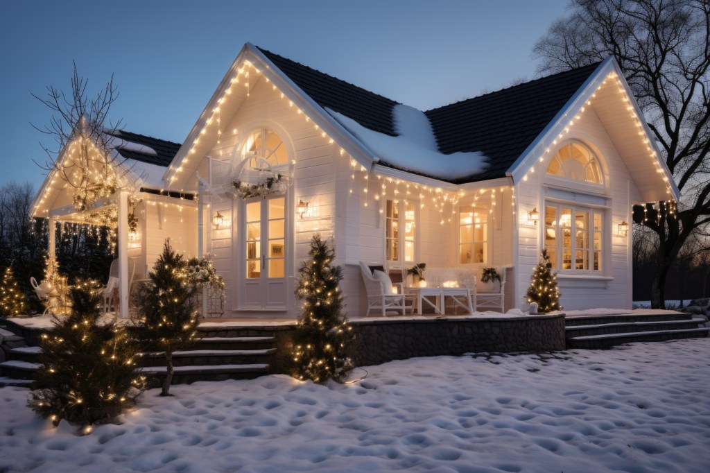 An einem wei&szlig;en Haus h&auml;ngen Lichterketten an der Fassade.