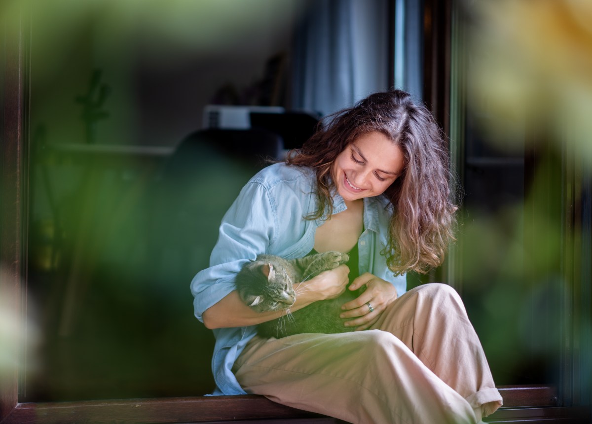 Frau mit Katze auf dem Schoss Katze zugelaufen