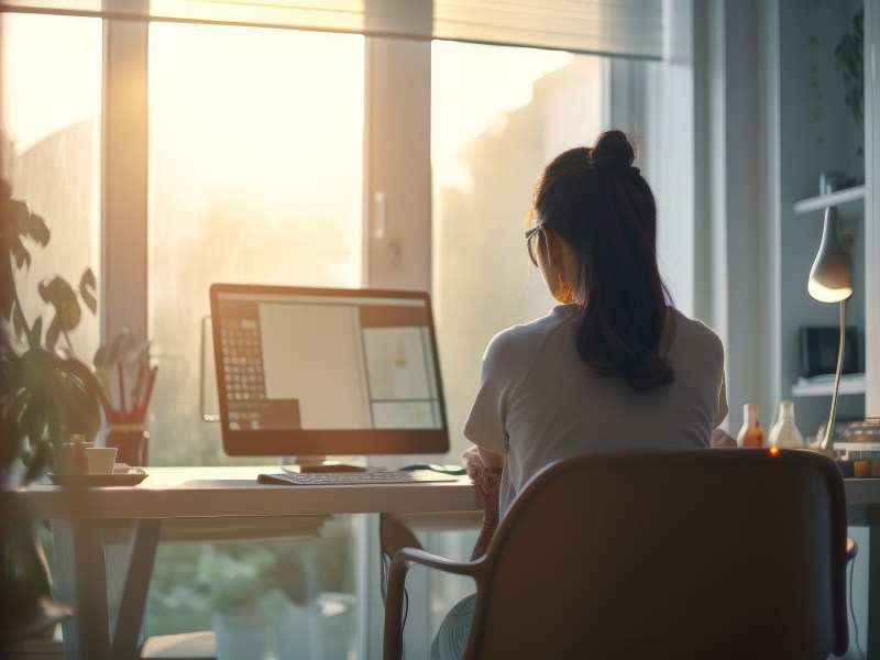 Eine Frau sitzt vor dem Laptop und arbeitet.