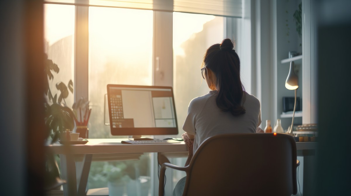 Eine Frau sitzt vor dem Laptop und arbeitet.