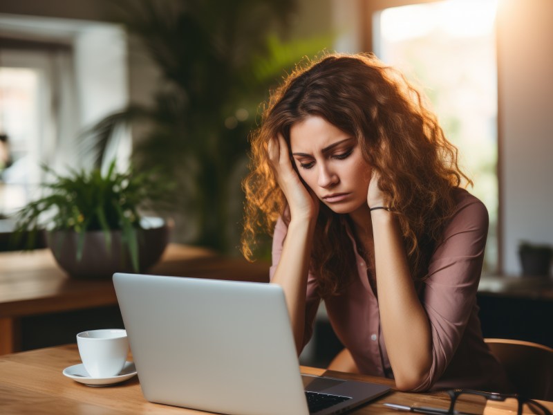 Eine Frau sitzt erschöpft vor ihrem Laptop.