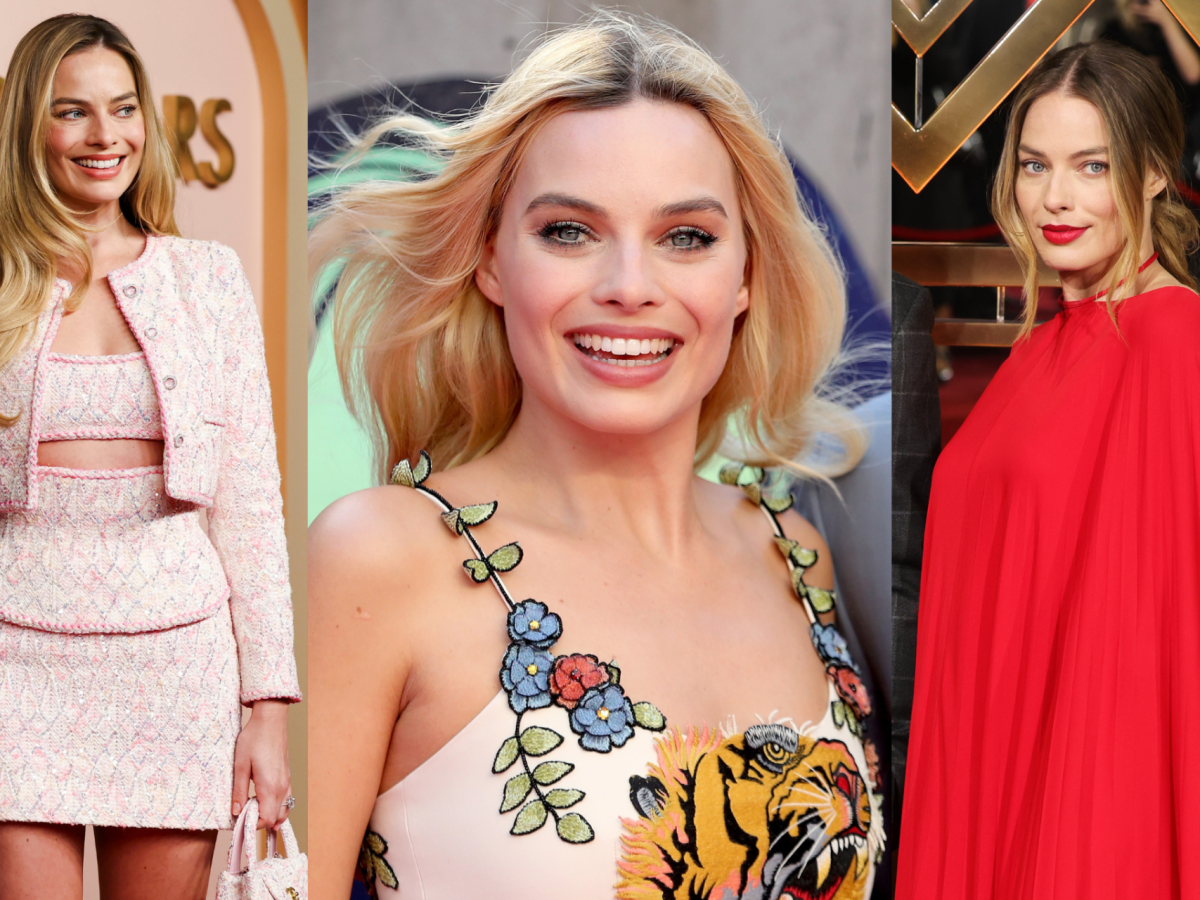 Margot Robbie in drei verschiedenen Outfits.