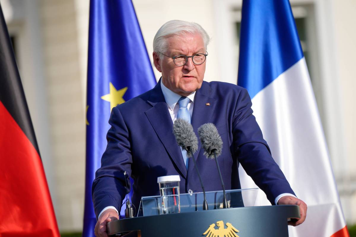 Bundespraesident Steinmeiner bei einer Pressekonferenz in Schloss Bellvue.