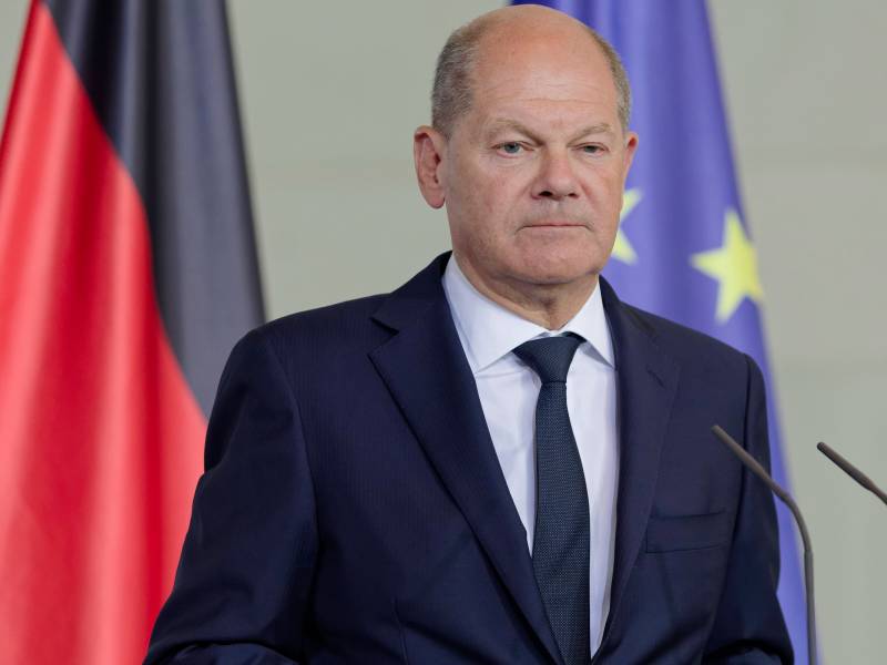 Bundeskanzler Olaf Scholz bei einem Pressetermin.