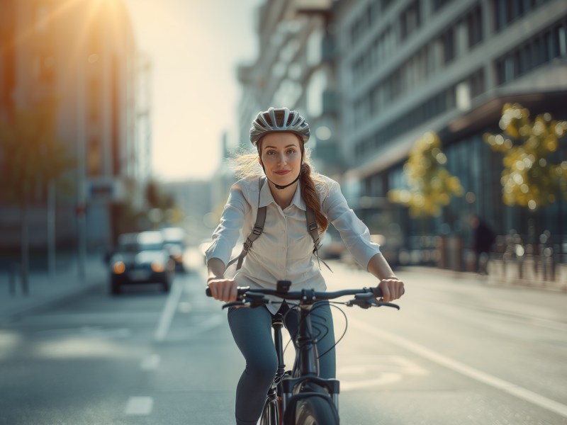 Eine Frau sitzt auf dem Fahrrad. Sie trägt einen Helm.