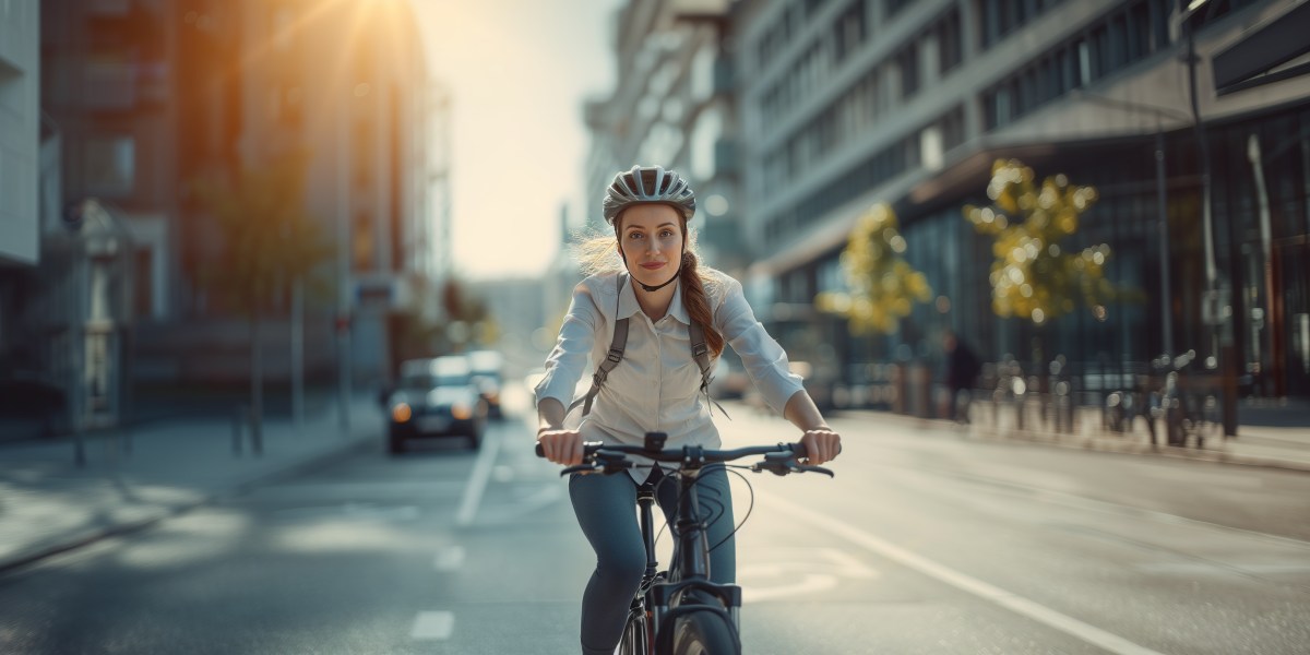 Eine Frau sitzt auf dem Fahrrad. Sie trÃ¤gt einen Helm.