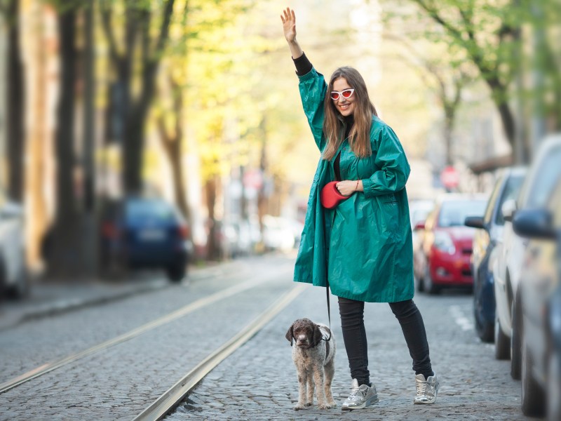 Frau mit Hund ruft Taxi