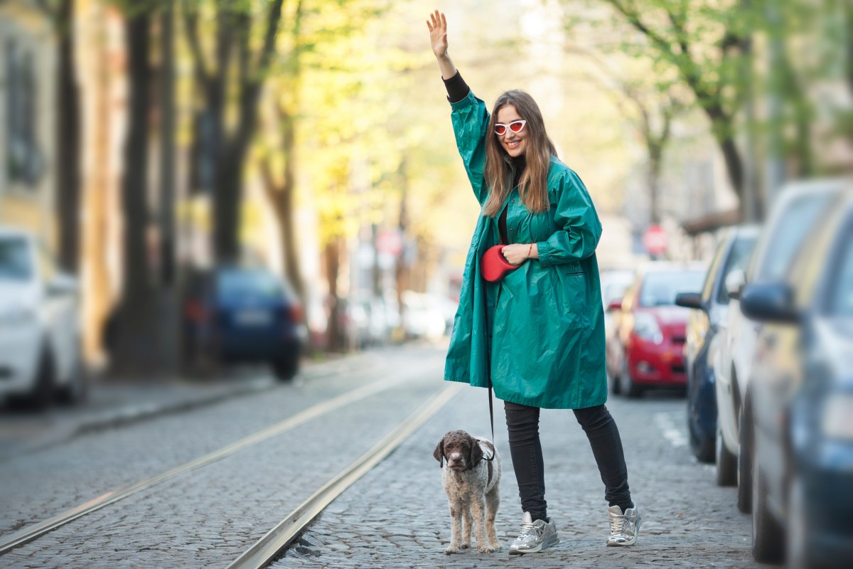 Frau mit Hund ruft Taxi