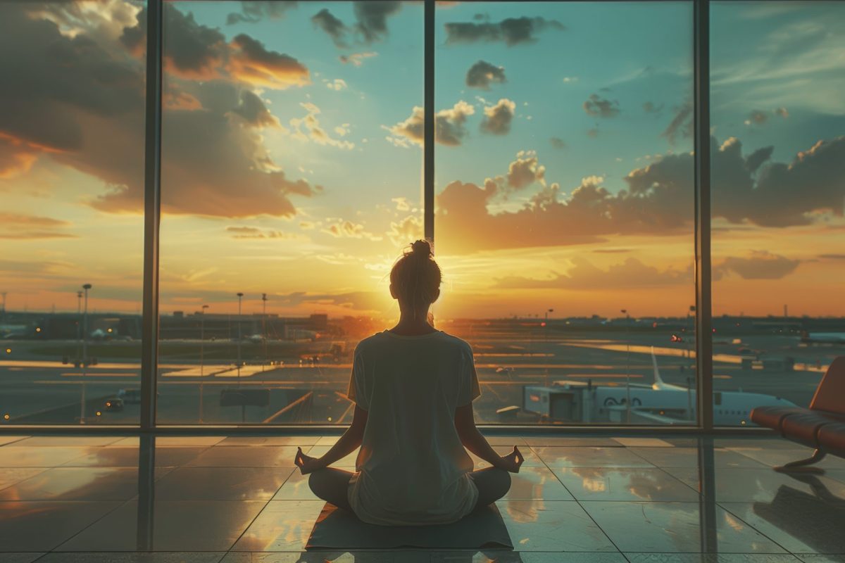 Frau meditiert am Flughafen