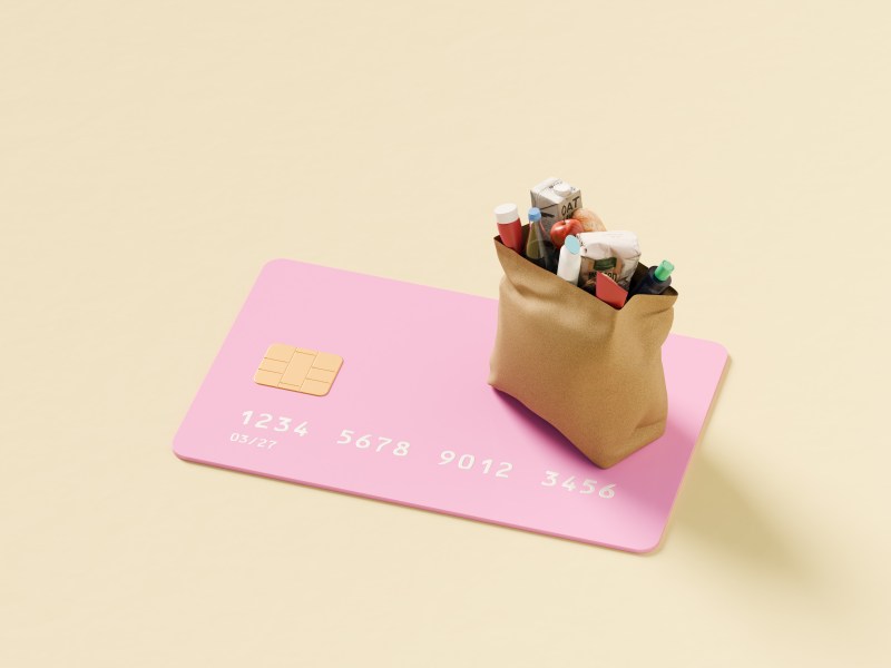 Lebenshaltungskosten: Eine Einkaufstüte mit frischen Produkten liegt auf einer übergroßen Kreditkarte.