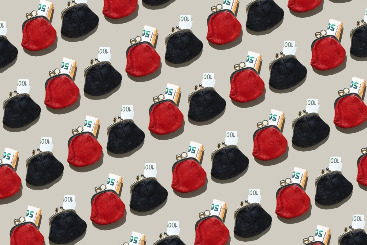 Rolle mit 50- und 100-Euro-Banknoten in Geldbeuteln.