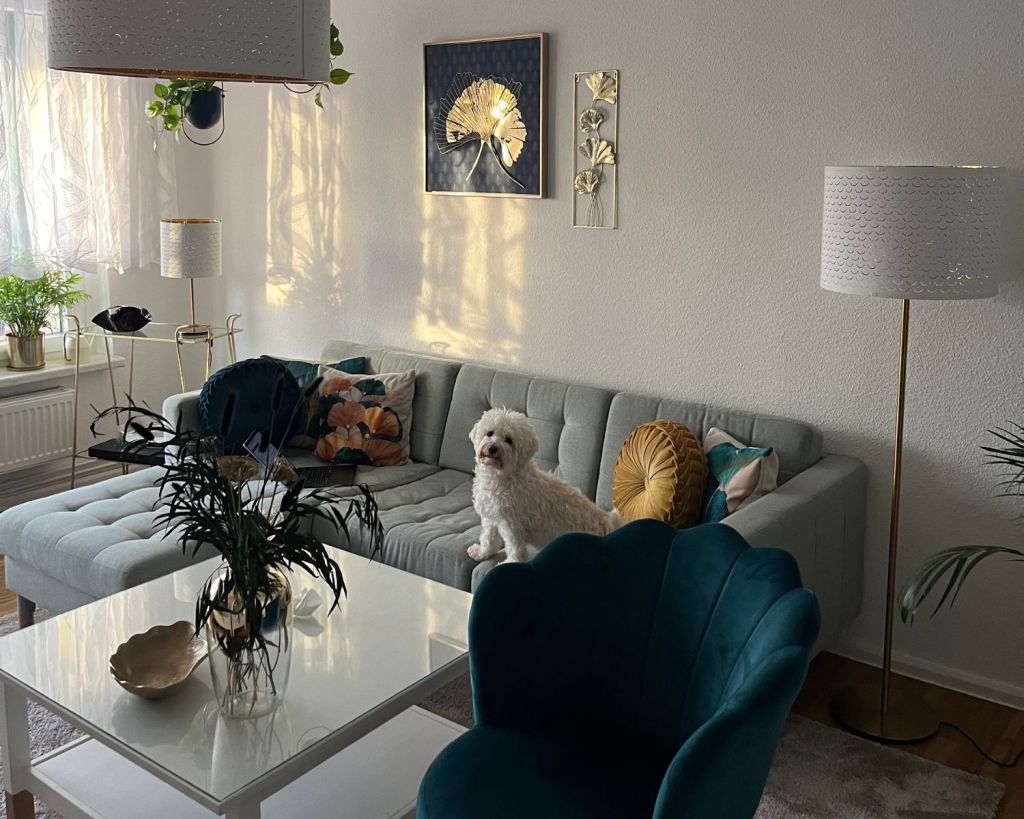 Art Déco-Wohnzimmer mit einem Hund auf der Couch.