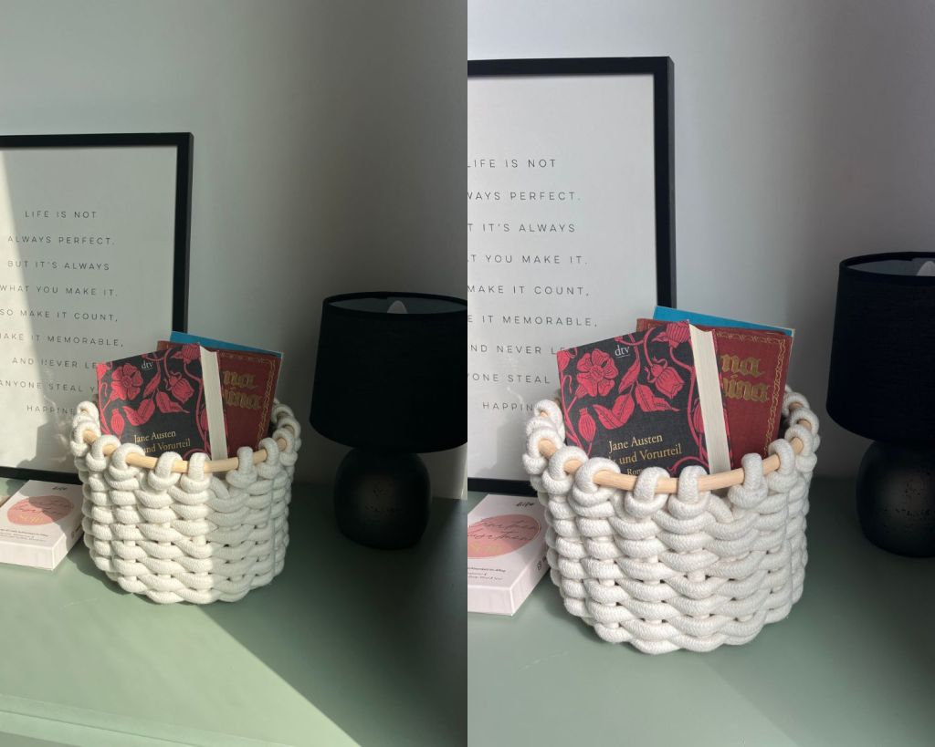 Korb gef&uuml;llt mit B&uuml;chern und einem Bilderrahmen im Hintergrund