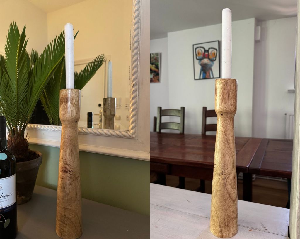 Collage mit einem h&ouml;lzernen Kerzenleuchter.