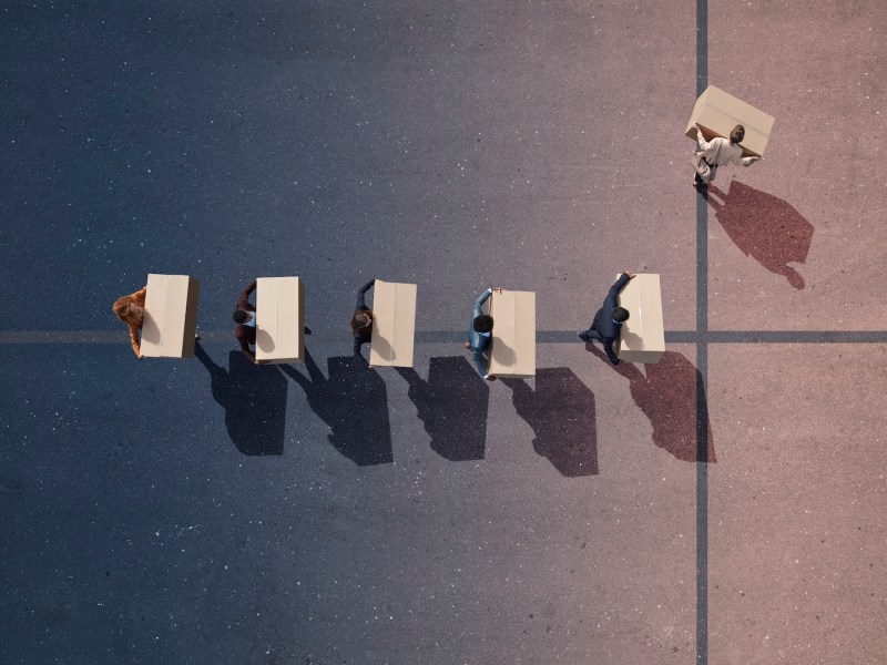 Gruppe junger Erwachsener, von oben fotografiert, auf unterschiedlich bemalten Asphaltoberflächen. Sie tragen Kartons.