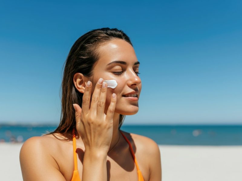 Frau trägt Sonnencreme auf