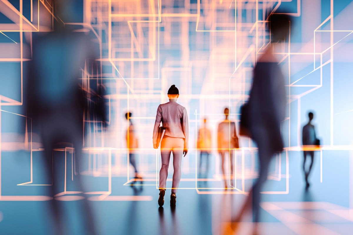 Frau geht in VR-Umgebung – 3D-generiertes Bild.