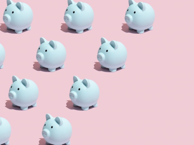 Pastellblaue Sparschweine auf rosa Hintergrund.