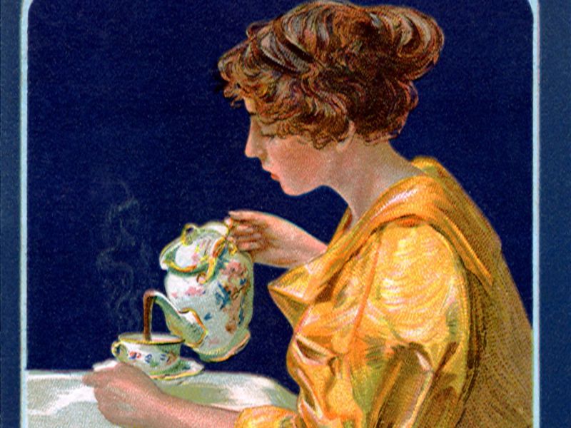 Vintage-Poster mit einer Frau mit alten Tassen
