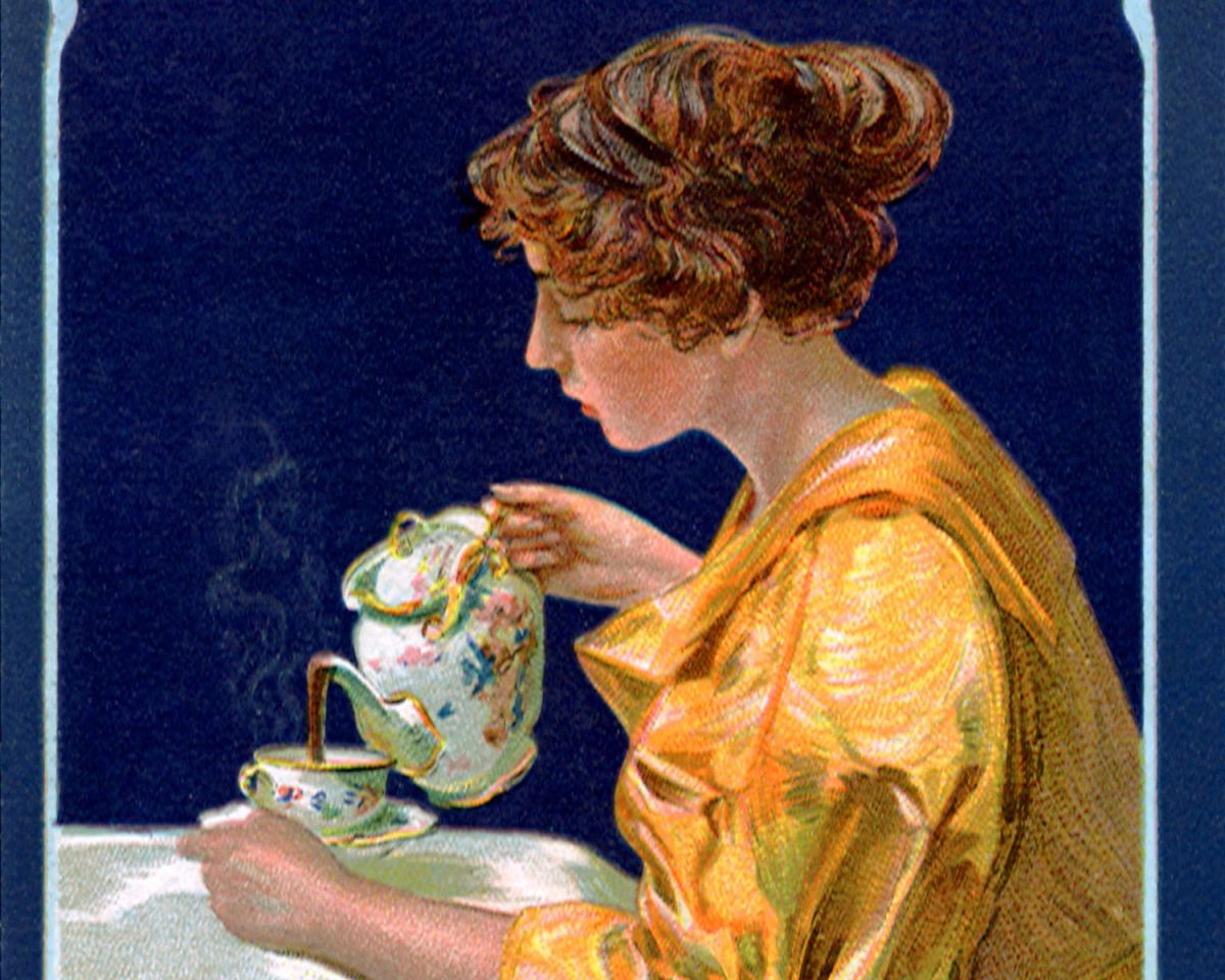 Vintage-Poster mit einer Frau mit alten Tassen